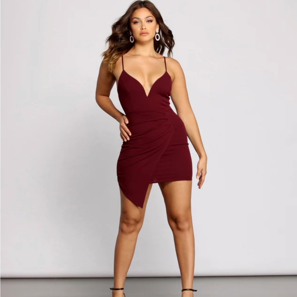 Pleat Me Tonight Windsor Maroon Asymmetrical Bodycon Dress